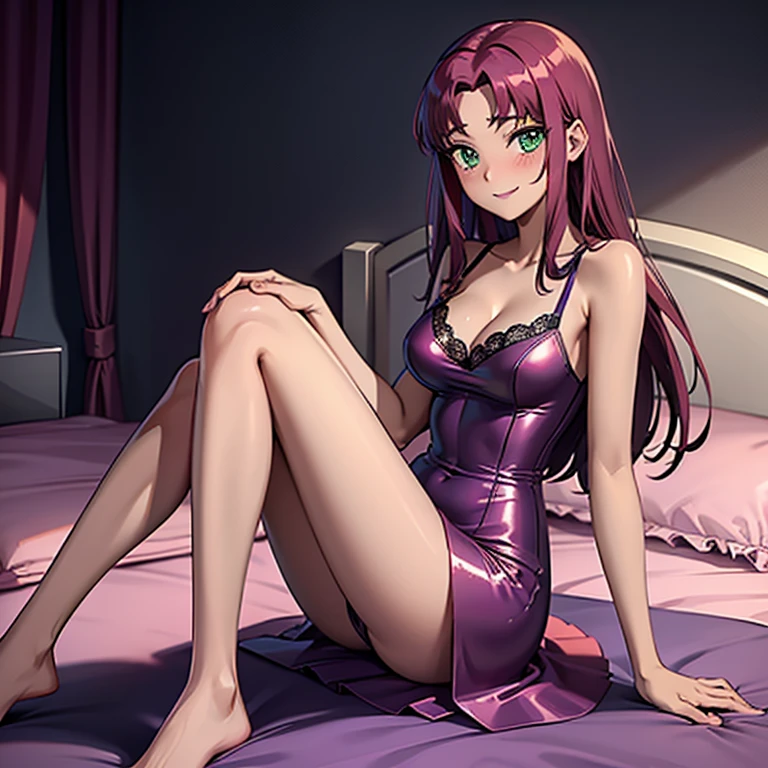 Single, one_girl, Teen Starfire, redhead, shiny_dress, pink_silk_glossy_fabric, skinny, thin_legs, lace, nightwear, glossy_fabric, shiny, green_eyes, dark_skin, short_dress, cleavage, glossy_fabric, long_hair, skinny, bedroom, gentle_smile, blushing, beautiful, female, high resolution, 8k