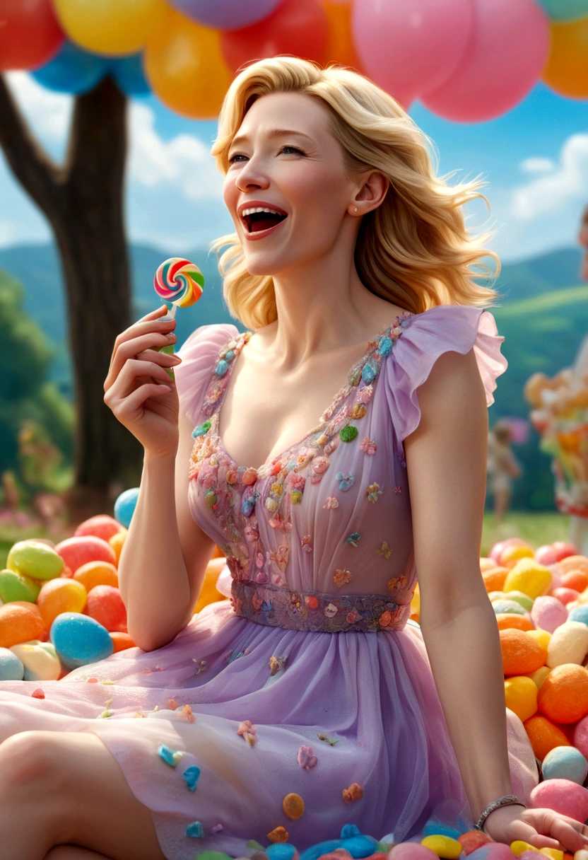 a lovely woman, cate blanchett, sheer summer dress, bare feet, candyland, happily taking bite of candy, happy sky, (best quality,4k,8k,highres,masterpiece:1.2),ultra-detailed,(realistic,photorealistic,photo-realistic:1.37),HDR,UHD,studio lighting,ultra-fine painting,sharp focus,physically-based rendering,extreme detail description,professional,vivid colors,bokeh,portrait,fantasy,candy,soft colors,dramatic lighting
