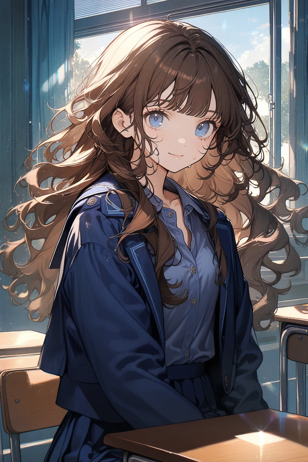 1 girl, CuteStyle, upper body, blue eyes, brown hair, long hair with bangs, dressed in a dark blue dress, dressed in a dark blue jacket unbuttoned, school dress, at school, windows, sitting at a desk, sweat on her face, day, light, rays of the sun, detailed, beautiful, medium chest, looking on the viewer, tired face, calm smile, dynamic, gentle tones