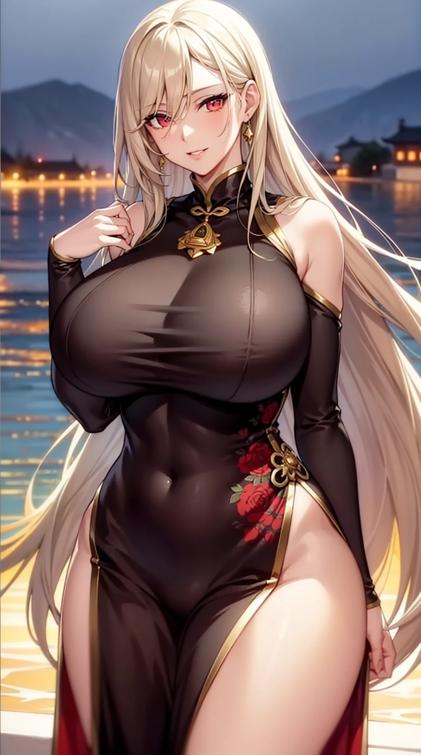 (Art: 1.2), (best quality: 1.2) 1 woman, mature, tall (1.85), She appeared to be around 28 years old, had long golden hair, straight and shiny hair, blood red eyes, extremely detailed, perfect eyes , extremely realistic eyes, well-aligned eyes, long eyelashes, anime style, perfect face, milf face, full lips, smiling, mature, clear skin, natural body, sexy body, MILF body, hands on waist, perfect hands, detailed hands, hands well proportioned to the body, realistic hands, arms with good anatomy, she wore an immortal Chinese oriental style golden dress, the dress still couldn't hide her extremely large and huge breasts that were hanging down due to her size, thick thighs, wide hips, Looking at the viewer, background scenery, scenery at a Chinese viewpoint on the edge of a lake, in the background posing the setting sun, alone Looking at the viewer