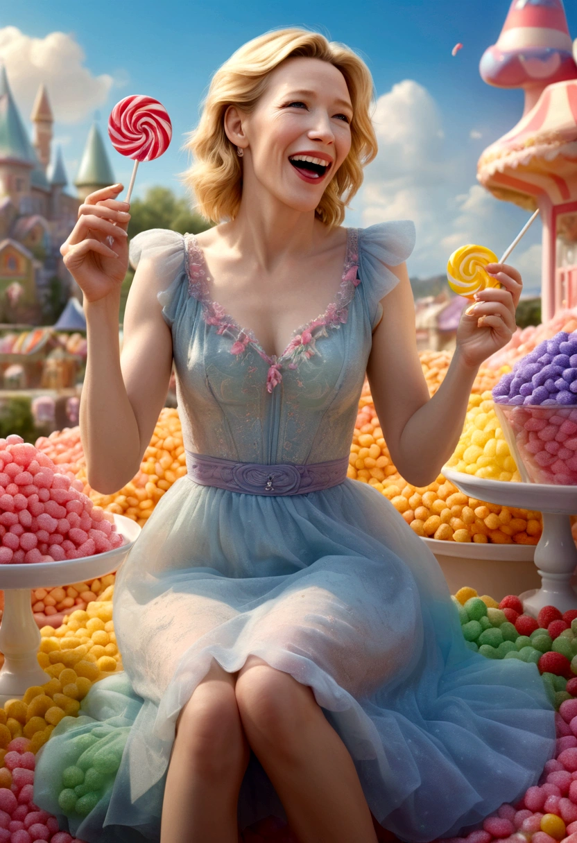 a lovely woman, cate blanchett, sheer summer dress, bare feet, candyland, happily taking bite of candy, happy sky, (best quality,4k,8k,highres,masterpiece:1.2),ultra-detailed,(realistic,photorealistic,photo-realistic:1.37),HDR,UHD,studio lighting,ultra-fine painting,sharp focus,physically-based rendering,extreme detail description,professional,vivid colors,bokeh,portrait,fantasy,candy,soft colors,dramatic lighting