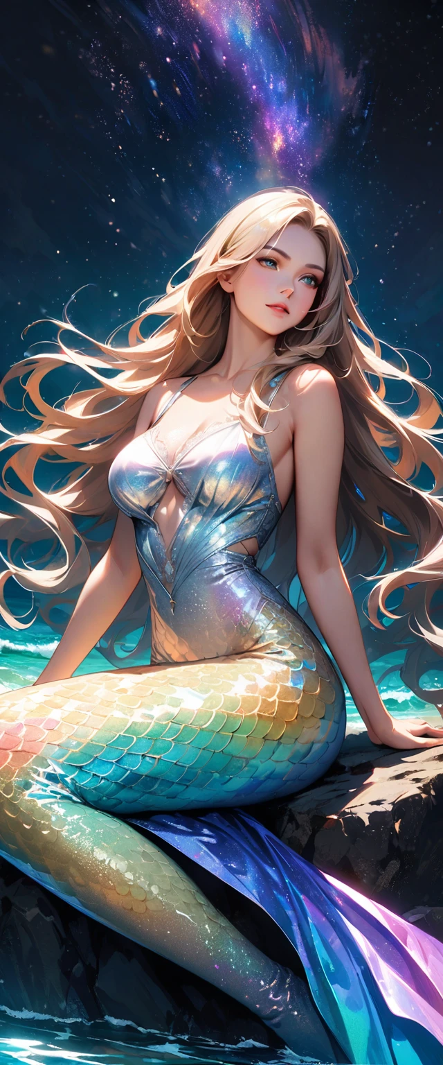 A beautiful mermaid with flowing,iridescent scales and long,flowing hair. She is sitting on a rock by the sea under the moonlight,surrounded by gentle waves and sparkling sea creatures.,(Style: Classic fantasy, realistic),(Details: Long hair, iridescent scales, moonlight, sea creatures, gentle waves),(anatomically correct, large breast),Highest quality,great quality,16k,incredibly absurd,very detailed,detailed and beautiful eyes,smooth and beautiful skin,Beautiful hair with shiny details,Draw carefully to the details,Complex gradations like watercolors,Brightly colored,great color balance,happy dream,zentangle elements,rendering,chant colorful spells,((Glitter)),Hologram processing,fantastic,magic effect,Place fine particles of light,Carefully draw the face line,natural makeup,attractive,Perfect proportions