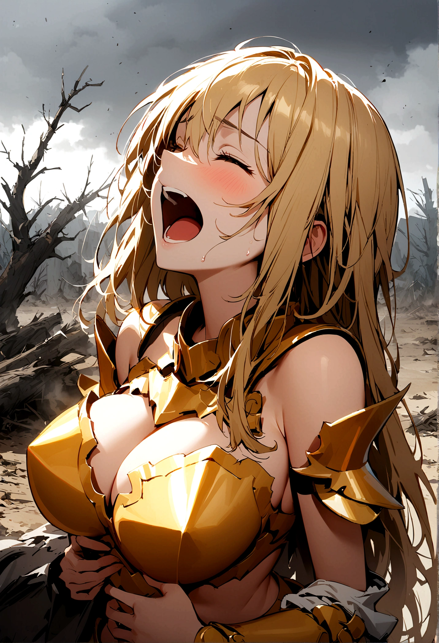 1 girl,long blonde hair,blonde bikini armor,open mouth,large breasts,laughing,holding stomach,Devastated land,dead tree,bright overcast sky,