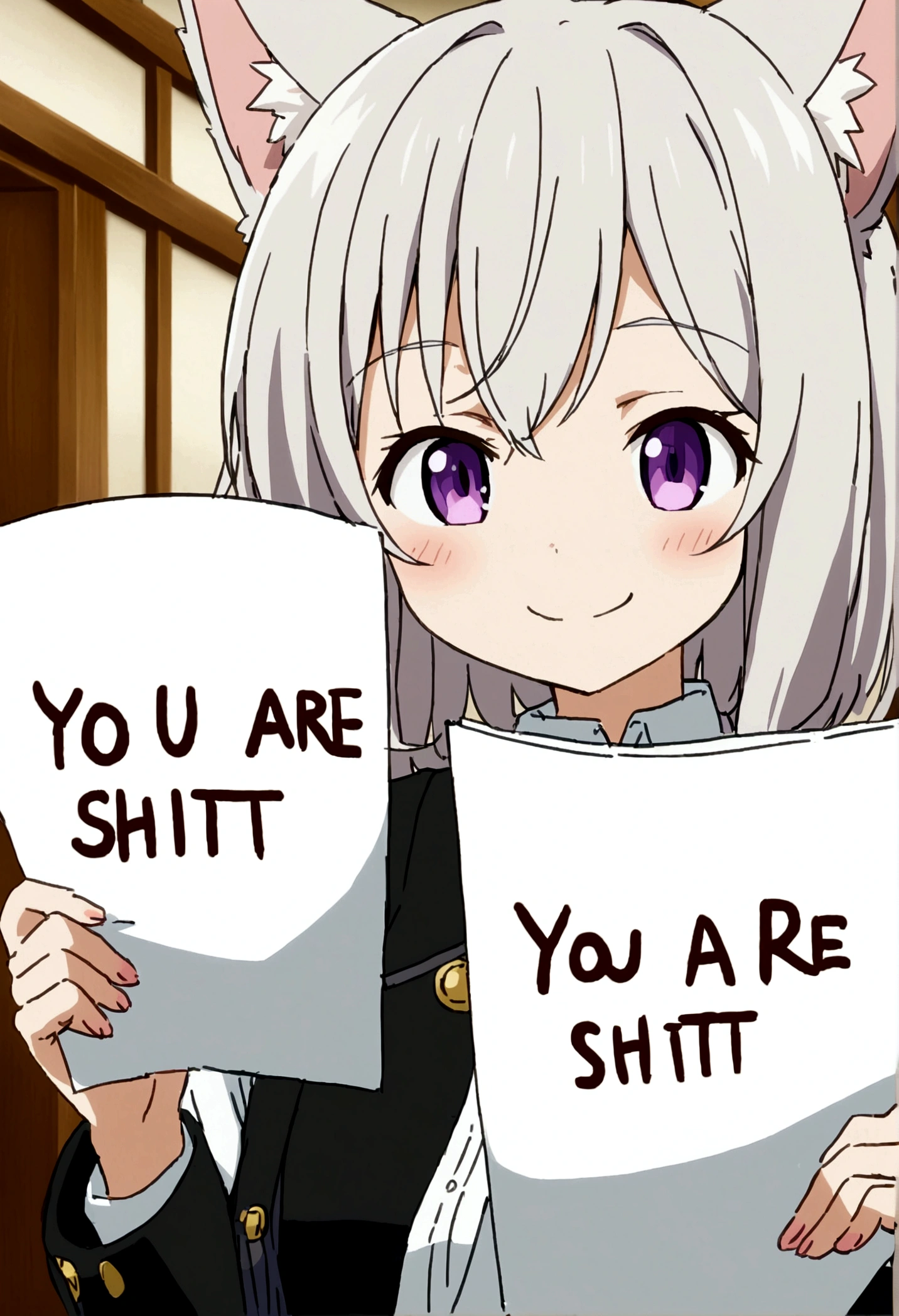 Detailed, anime, girl, short, cat girl, smile, holding a paper-"you are shit"
