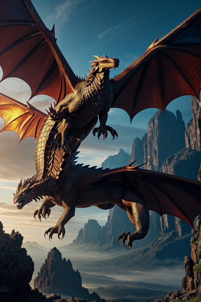 a powerful dragon, intricate scales, iridescent wings, fierce eyes, sharp talons, massive body, breathing fire, flying over a rugged landscape, cinematic lighting, epic fantasy, dramatic atmosphere, vibrant colors, 4k, octane render, highly detailed, photorealistic