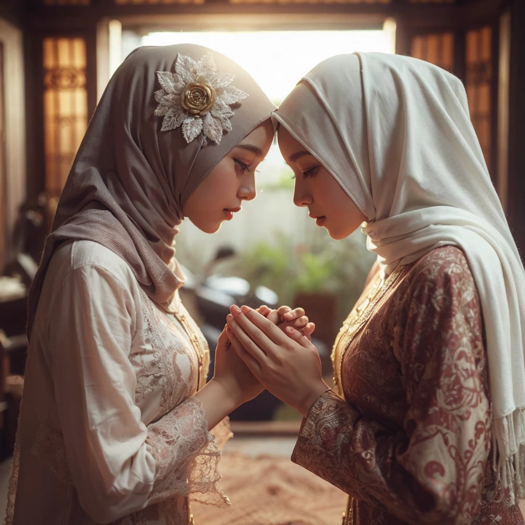 8k Uhd,DLSR,Film Grain, Fujifilm XT3,(Best Quality:1.3), (Masterpiece:1.1), High Resolution, Cinematic Light, Intricate Details, (Photorealistic)a sacred moment of idul adha in traditional village in indonesia, a pretty girl is bow, shake hands by pressing his palms together and kiss the back hand of her beautiful sister, both wearing simple modest daily hijab & moslem cloth, serene atmosphere,view to the camera