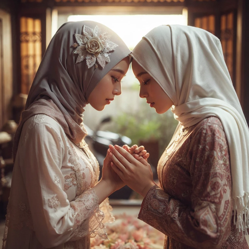 8k Uhd,DLSR,Film Grain, Fujifilm XT3,(Best Quality:1.3), (Masterpiece:1.1), High Resolution, Cinematic Light, Intricate Details, (Photorealistic)a sacred moment of idul adha in traditional village in indonesia, a pretty girl is bow, shake hands by pressing his palms together and kiss the back hand of her beautiful sister, both wearing simple modest daily hijab & moslem cloth, serene atmosphere,view to the camera