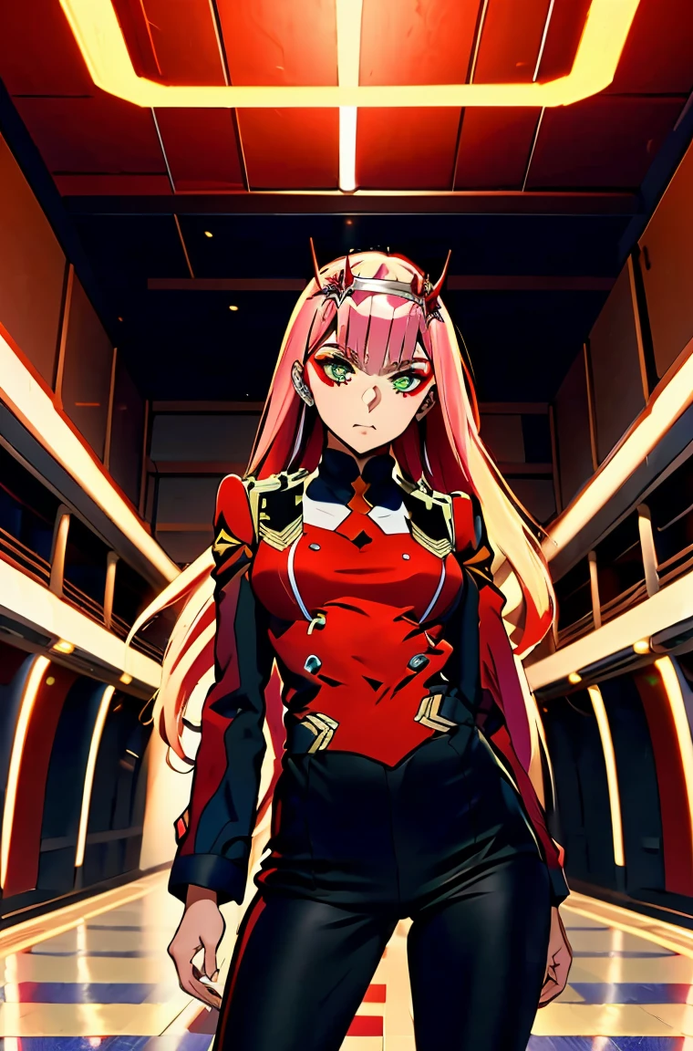 Zero-Two , Cabelo rosa longo liso e brilhante, pequena tiara branca com dois pequenos chifres vermelhos, franja reta cobre a testa, olhos verdes, mascara makeup, maquiagem de sombra, uniforme militar vermelho com detalhes de metal dourado nos ombros, pequeno conto preto com detalhe de metal dourado na fivela dupla, gola branca com pequena gravata laranja, six black buttons, three on each side on the front of the uniform,   mangas longas vermelhas com detalhe em preto, , ((saia vermelha)), red skirt over black skintight pants, inside a futuristic hall with white neon lighting, adolescentes ao fundo. 