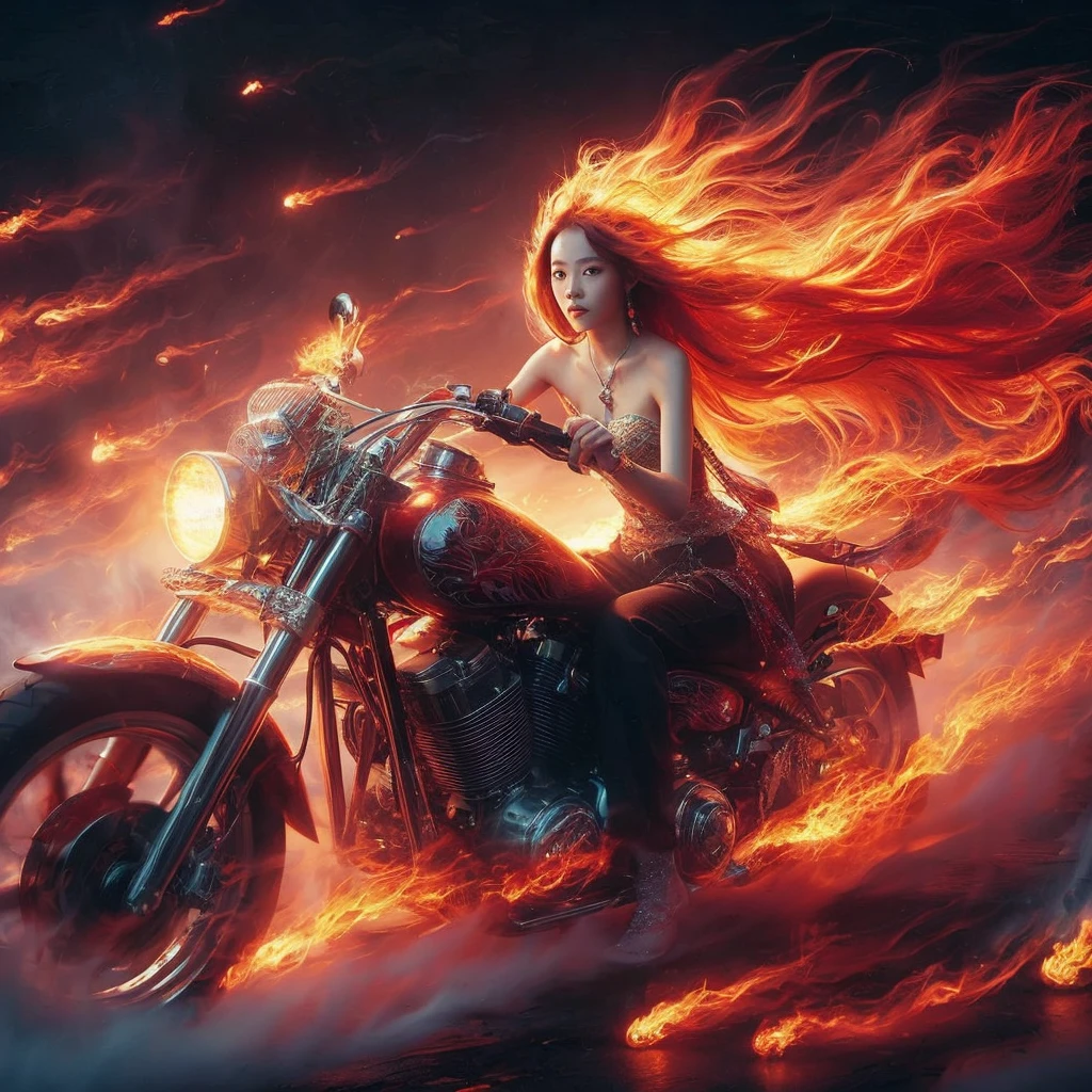 Chinese beautiful girl, floating fiery hair, ridding chopper motorbike, emitting sacred flame