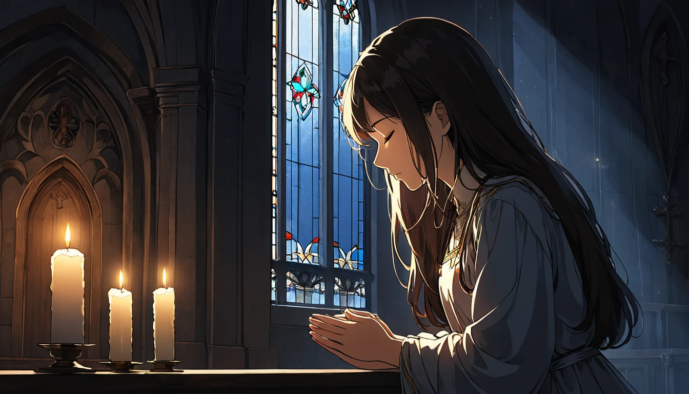 High definition animation. A girl is kneeling in a slightly dark church. The girl closes her eyes, sees Jesus hanging on the wall, and prays with her hands together. One window. A candle, a half-body shot of a girl, side view. Light from the window illuminates the girl's face.
