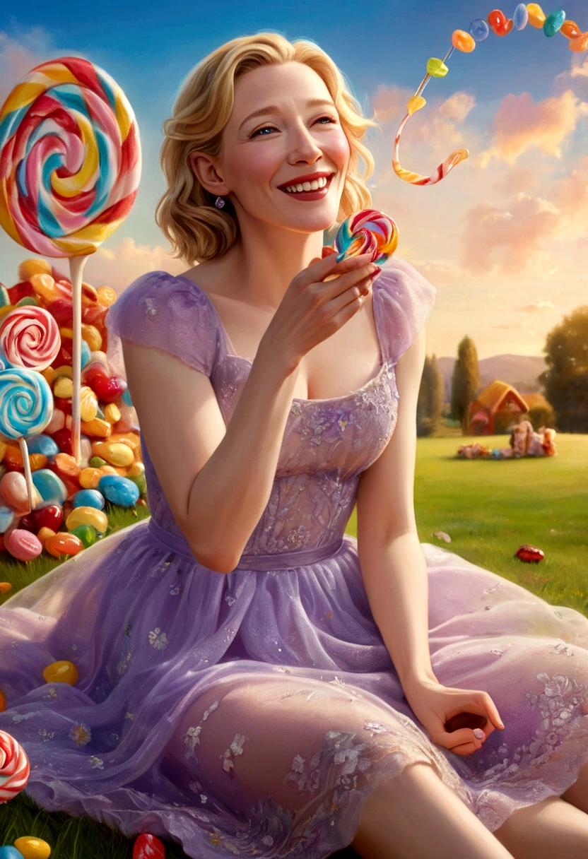 a lovely woman, cate blanchett, sheer summer dress, bare feet, candyland, happily taking bite of candy, happy sky, (best quality,4k,8k,highres,masterpiece:1.2),ultra-detailed,(realistic,photorealistic,photo-realistic:1.37),HDR,UHD,studio lighting,ultra-fine painting,sharp focus,physically-based rendering,extreme detail description,professional,vivid colors,bokeh,portrait,fantasy,candy,soft colors,dramatic lighting