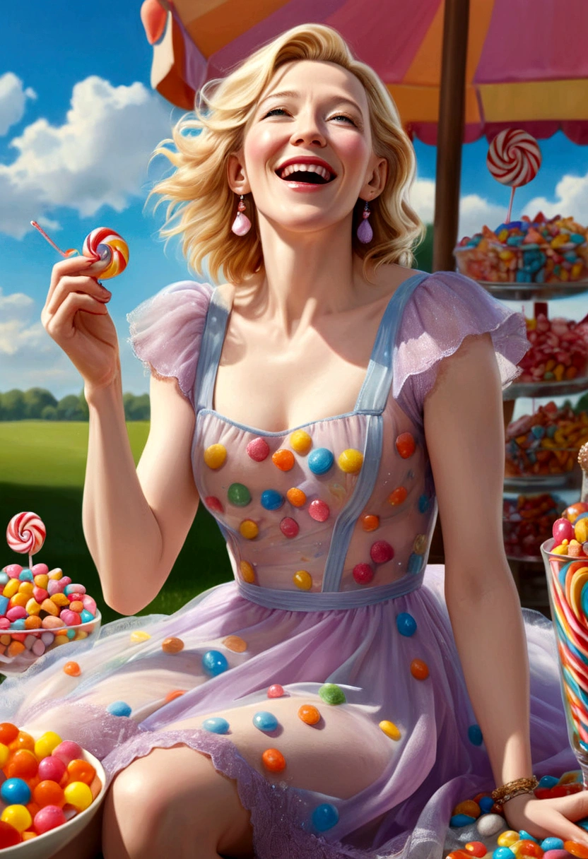 a lovely woman, cate blanchett, sheer summer dress, bare feet, candyland, happily taking bite of candy, happy sky, (best quality,4k,8k,highres,masterpiece:1.2),ultra-detailed,(realistic,photorealistic,photo-realistic:1.37),HDR,UHD,studio lighting,ultra-fine painting,sharp focus,physically-based rendering,extreme detail description,professional,vivid colors,bokeh,portrait,fantasy,candy,soft colors,dramatic lighting