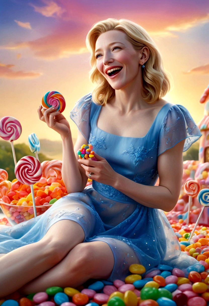 a lovely woman, cate blanchett, sheer summer dress, bare feet, candyland, happily taking bite of candy, happy sky, (best quality,4k,8k,highres,masterpiece:1.2),ultra-detailed,(realistic,photorealistic,photo-realistic:1.37),HDR,UHD,studio lighting,ultra-fine painting,sharp focus,physically-based rendering,extreme detail description,professional,vivid colors,bokeh,portrait,fantasy,candy,soft colors,dramatic lighting