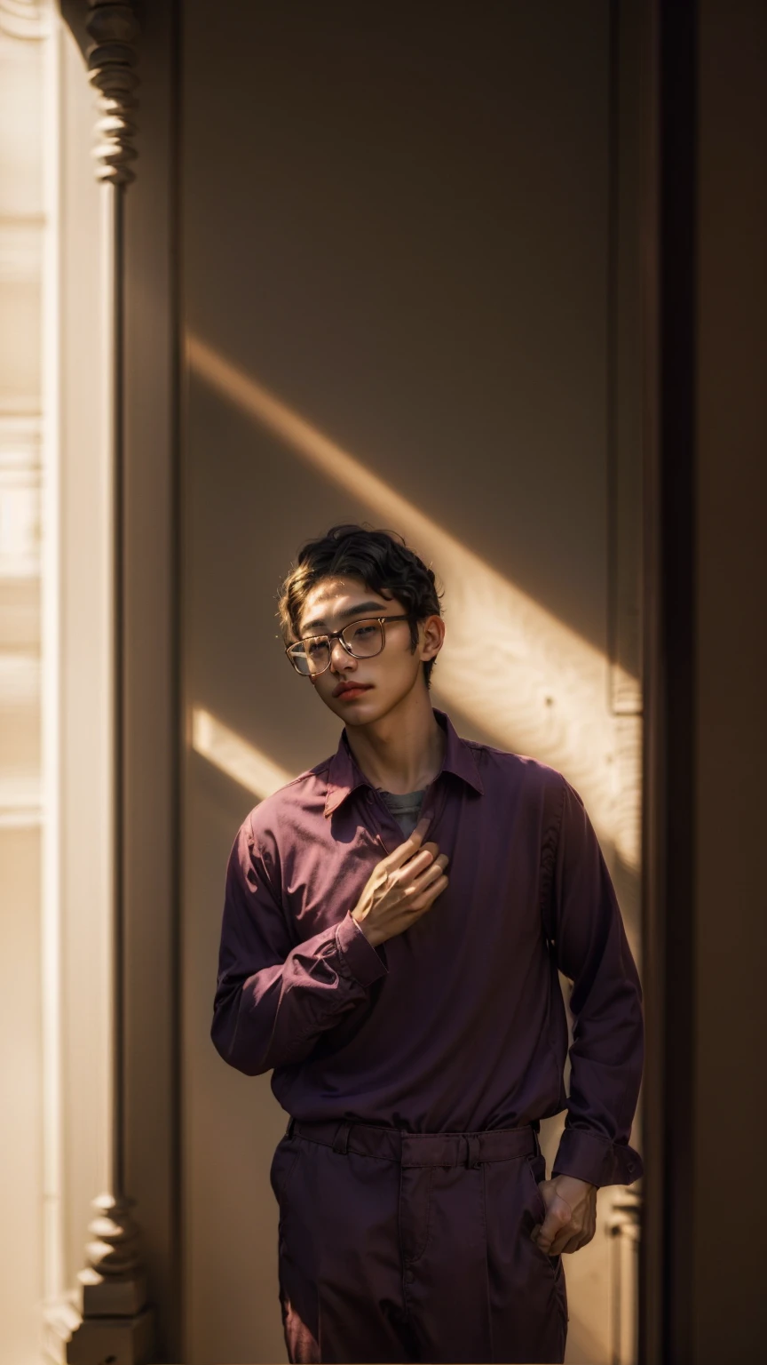 man, glasses, curly hair, purple shirt