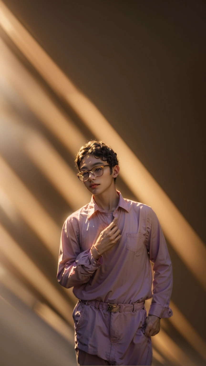 man, glasses, curly hair, purple shirt