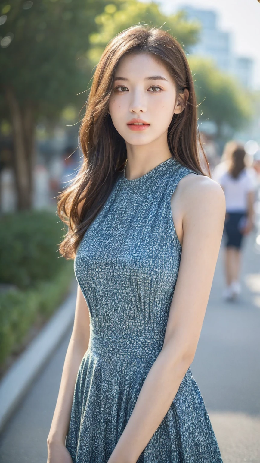 Young girl，Hair hanging down，Dark brown hair，Street Background，Whole Body Ezbian，Long legs，Beautiful body structure cover，Ultra-detailed drawing， Amazingly realistic photos，Snow blue clothes，Light taupe clothing，Translucent clothing，(Casual Hairstyles,:1.2), A stunningly elegant pose, See-through dress，Translucent maxi dress，Background blur，A goddess-like presence，office lady