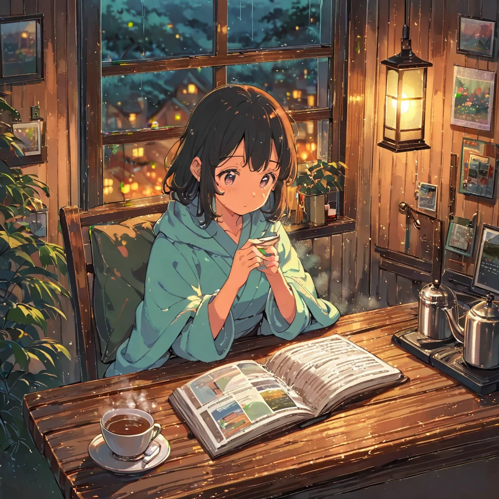 ((anime:1.4,illustration)),(masterpiece, top quality, best quality),(ultra-detailed, absolutely resolution),((16k, high res)), (((cozy scene of a person reading on a rainy day. Show them sitting in a comfortable chair or on a couch with a book, surrounded by soft blankets and pillows. Include a large window with raindrops, a steaming cup of tea or coffee on a table, and warm ambient lighting for a serene atmosphere))), ((cosy lofi illustration:1.4)), ((anime:1.4, illustration)),(masterpiece, top quality, best quality),(ultra-detailed, absolutely resolution),((16k, high res)) BREAK {lofi art, style of Laurie Greasley, style of Makoto Shinkai, anime aesthetic}, BREAK { (produces images with information than 40 million pixels with cinematic-like detailed textures shot on a Sony SLR).}