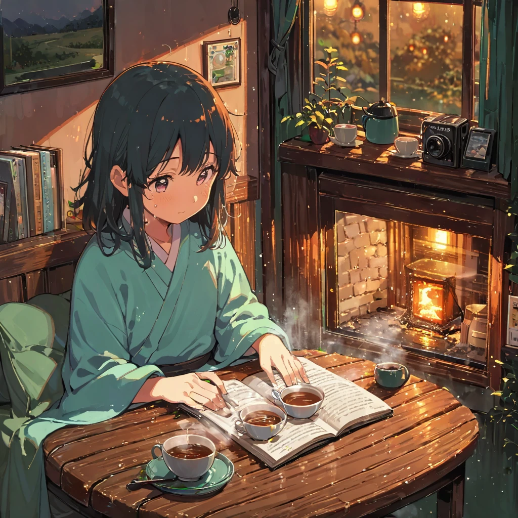 ((anime:1.4,illustration)),(masterpiece, top quality, best quality),(ultra-detailed, absolutely resolution),((16k, high res)), (((cozy scene of a person reading on a rainy day. Show them sitting in a comfortable chair or on a couch with a book, surrounded by soft blankets and pillows. Include a large window with raindrops, a steaming cup of tea or coffee on a table, and warm ambient lighting for a serene atmosphere))), ((cosy lofi illustration:1.4)), ((anime:1.4, illustration)),(masterpiece, top quality, best quality),(ultra-detailed, absolutely resolution),((16k, high res)) BREAK {lofi art, style of Laurie Greasley, style of Makoto Shinkai, anime aesthetic}, BREAK { (produces images with information than 40 million pixels with cinematic-like detailed textures shot on a Sony SLR).}