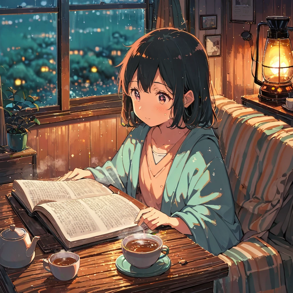 ((anime:1.4,illustration)),(masterpiece, top quality, best quality),(ultra-detailed, absolutely resolution),((16k, high res)), (((cozy scene of a person reading on a rainy day. Show them sitting in a comfortable chair or on a couch with a book, surrounded by soft blankets and pillows. Include a large window with raindrops, a steaming cup of tea or coffee on a table, and warm ambient lighting for a serene atmosphere))), ((cosy lofi illustration:1.4)), ((anime:1.4, illustration)),(masterpiece, top quality, best quality),(ultra-detailed, absolutely resolution),((16k, high res)) BREAK {lofi art, style of Laurie Greasley, style of Makoto Shinkai, anime aesthetic}, BREAK { (produces images with information than 40 million pixels with cinematic-like detailed textures shot on a Sony SLR).}
