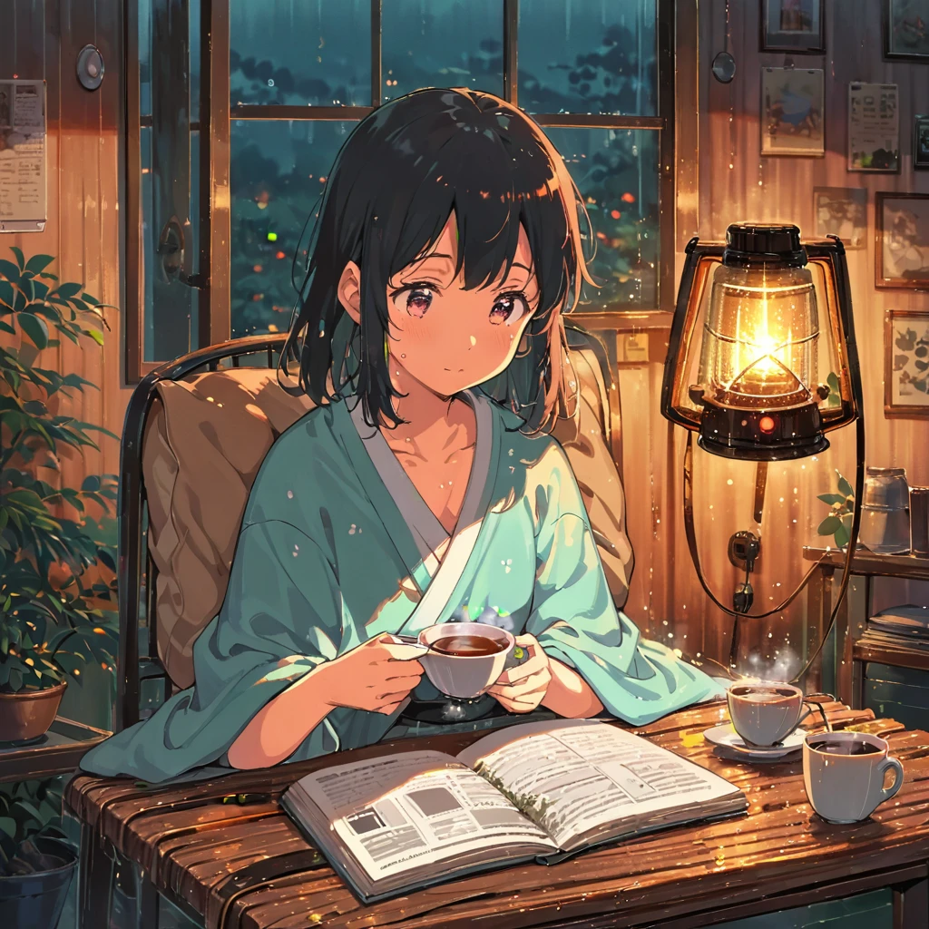 ((anime:1.4,illustration)),(masterpiece, top quality, best quality),(ultra-detailed, absolutely resolution),((16k, high res)), (((cozy scene of a person reading on a rainy day. Show them sitting in a comfortable chair or on a couch with a book, surrounded by soft blankets and pillows. Include a large window with raindrops, a steaming cup of tea or coffee on a table, and warm ambient lighting for a serene atmosphere))), ((cosy lofi illustration:1.4)), ((anime:1.4, illustration)),(masterpiece, top quality, best quality),(ultra-detailed, absolutely resolution),((16k, high res)) BREAK {lofi art, style of Laurie Greasley, style of Makoto Shinkai, anime aesthetic}, BREAK { (produces images with information than 40 million pixels with cinematic-like detailed textures shot on a Sony SLR).}