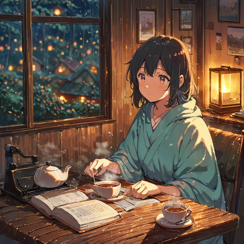 ((anime:1.4,illustration)),(masterpiece, top quality, best quality),(ultra-detailed, absolutely resolution),((16k, high res)), (((cozy scene of a person reading on a rainy day. Show them sitting in a comfortable chair or on a couch with a book, surrounded by soft blankets and pillows. Include a large window with raindrops, a steaming cup of tea or coffee on a table, and warm ambient lighting for a serene atmosphere))), ((cosy lofi illustration:1.4)), ((anime:1.4, illustration)),(masterpiece, top quality, best quality),(ultra-detailed, absolutely resolution),((16k, high res)) BREAK {lofi art, style of Laurie Greasley, style of Makoto Shinkai, anime aesthetic}, BREAK { (produces images with information than 40 million pixels with cinematic-like detailed textures shot on a Sony SLR).}