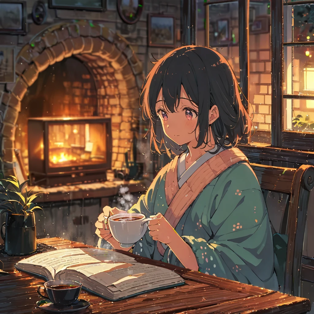 ((anime:1.4,illustration)),(masterpiece, top quality, best quality),(ultra-detailed, absolutely resolution),((16k, high res)), (((cozy scene of a person reading on a rainy day. Show them sitting in a comfortable chair or on a couch with a book, surrounded by soft blankets and pillows. Include a large window with raindrops, a steaming cup of tea or coffee on a table, and warm ambient lighting for a serene atmosphere))), ((cosy lofi illustration:1.4)), ((anime:1.4, illustration)),(masterpiece, top quality, best quality),(ultra-detailed, absolutely resolution),((16k, high res)) BREAK {lofi art, style of Laurie Greasley, style of Makoto Shinkai, anime aesthetic}, BREAK { (produces images with information than 40 million pixels with cinematic-like detailed textures shot on a Sony SLR).}