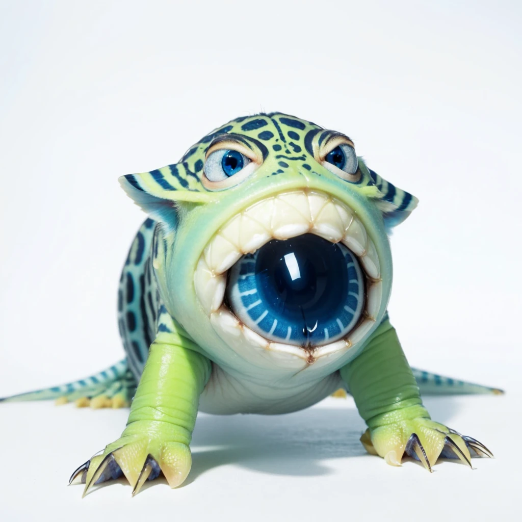 Small Animaly, glow blue eyes, (his eyes gave off light), has blues stripes on his skin, his body is shaped like a pufferfish but his face is like a grasshopper, Grassroots background