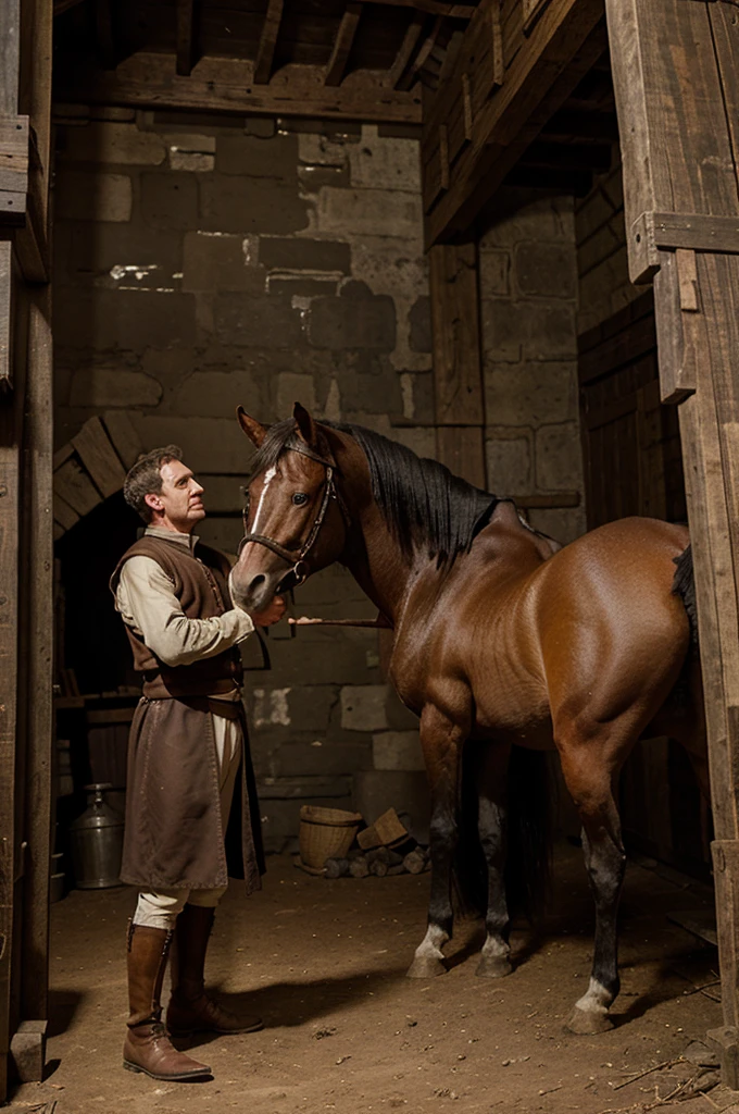 Basil, the stable master, rescuing Michael from a wild horse with a loyal expression, in a medieval stable.