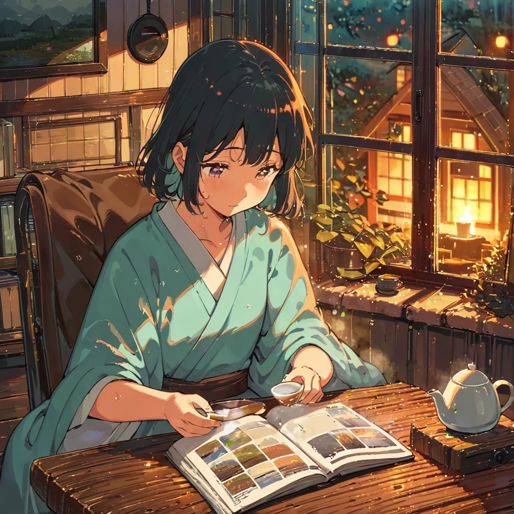 ((anime:1.4,illustration)),(masterpiece, top quality, best quality),(ultra-detailed, absolutely resolution),((16k, high res)), (((cozy scene of a person reading on a rainy day. Show them sitting in a comfortable chair or on a couch with a book, surrounded by soft blankets and pillows. Include a large window with raindrops, a steaming cup of tea or coffee on a table, and warm ambient lighting for a serene atmosphere))), ((cosy lofi illustration:1.4)), ((anime:1.4, illustration)),(masterpiece, top quality, best quality),(ultra-detailed, absolutely resolution),((16k, high res)) BREAK {lofi art, style of Laurie Greasley, style of Makoto Shinkai, anime aesthetic}, BREAK { (produces images with information than 40 million pixels with cinematic-like detailed textures shot on a Sony SLR).}