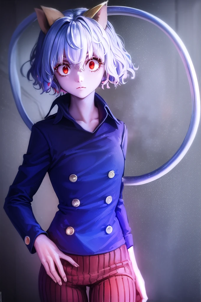 Neferpitou, Neferpitou, short hair, (Red eyes:1.5), Animal ears, Hair between the eyes, tail, Gray Hair, Cat ear, cat tail, Cat girl, Curly Hair,
break long sleeves, Shorts, Striped, button, brown Shorts, shirt, collared shirt, blue shirt,
break looking at viewer,
break indoors, classroom, (Cowboy Shot:1.5),
break (masterpiece:1.2), Highest quality, High resolution, unity 8k wallpaper, (figure:0.8), (beautiful detailed eyes:1.6), extremely detailed face, Perfect lighting, extremely detailed CG, (Perfect hands, Perfect Anatomy),