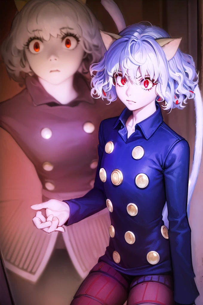 Neferpitou, Neferpitou, short hair, (Red eyes:1.5), Animal ears, Hair between the eyes, tail, Gray Hair, Cat ear, cat tail, Cat girl, Curly Hair,
break long sleeves, Shorts, Striped, button, brown Shorts, shirt, collared shirt, blue shirt,
break looking at viewer,
break indoors, classroom, (Cowboy Shot:1.5),
break (masterpiece:1.2), Highest quality, High resolution, unity 8k wallpaper, (figure:0.8), (beautiful detailed eyes:1.6), extremely detailed face, Perfect lighting, extremely detailed CG, (Perfect hands, Perfect Anatomy),