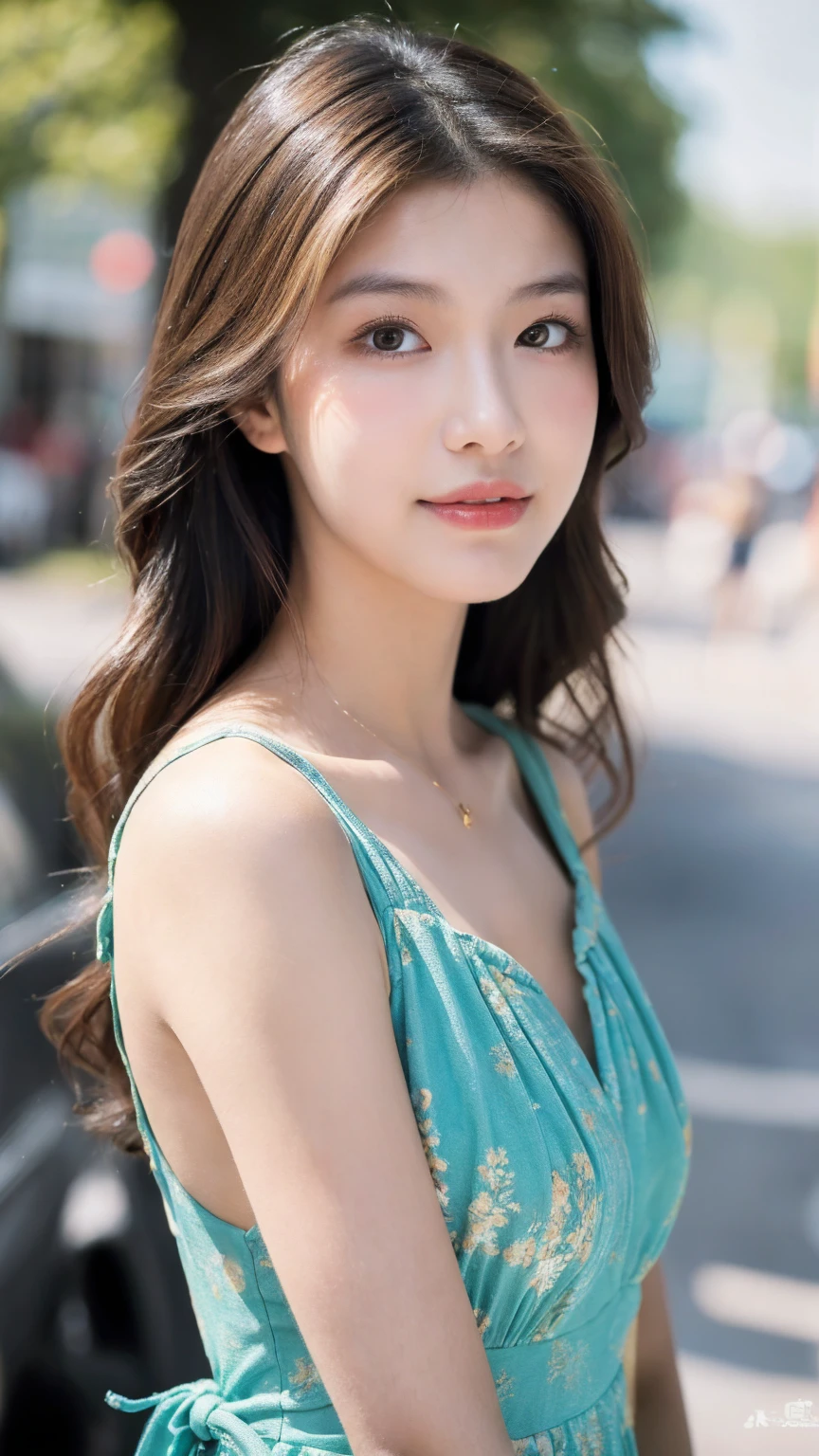 ((Best quality, 8K, masterpiece:1.3)),1girl,18 years old,Asian,Real texture:1.3,(Background blur:1.1),Gorgeous long dress,Tall and slender figure:1.2,(Hot summer weather),(street:1.3),Highly detailed face and skin textures,Exquisite eyes,Long eyelashes,Double eyelids,Skin Whitening,happy