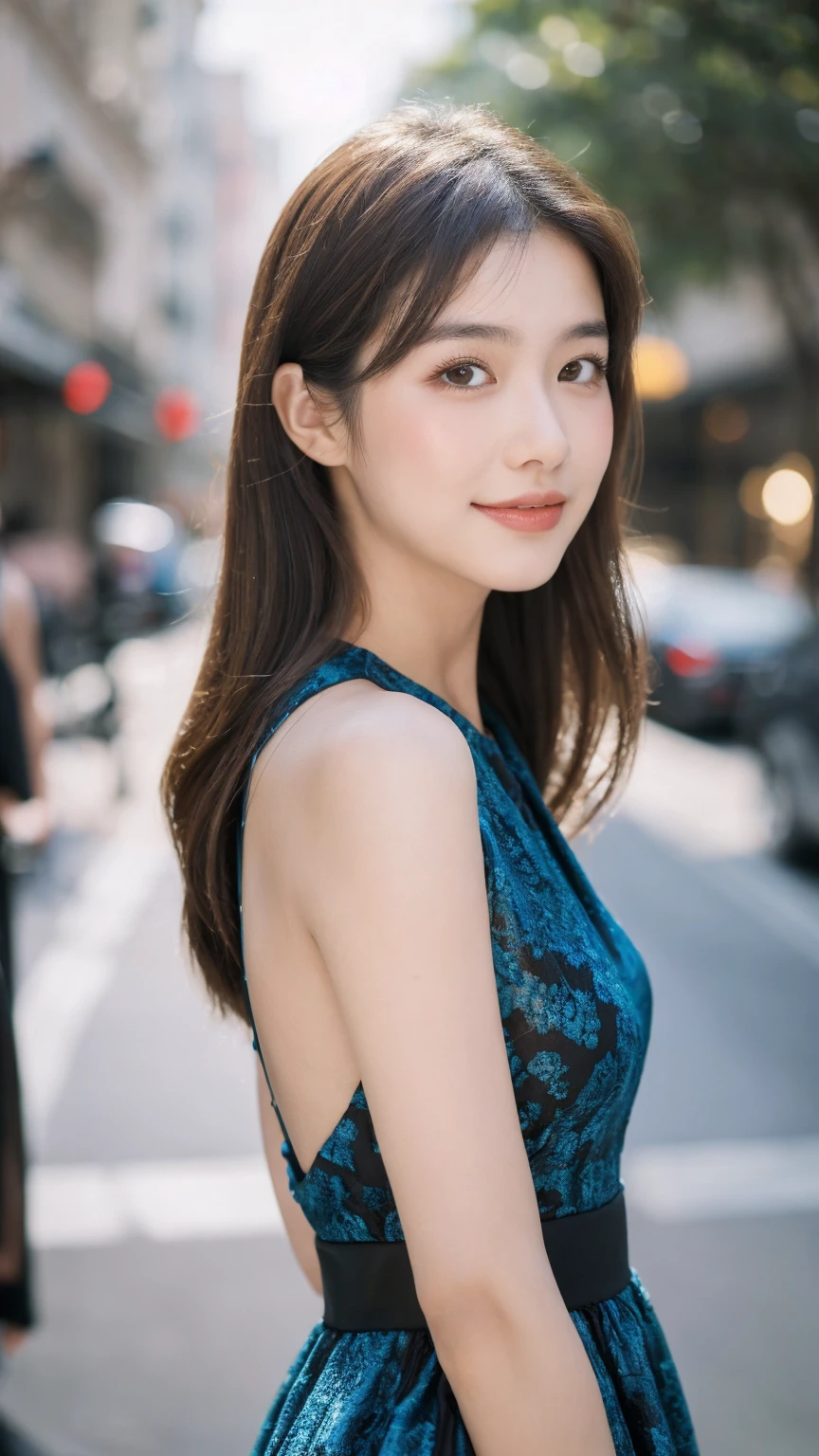 ((Best quality, 8K, masterpiece:1.3))，1girl，18 years old，Asian，Real texture:1.3，(Background blur:1.1)，Gorgeous long dress，Tall and slender figure:1.2，(Hot summer weather)，（street:1.3），Highly detailed face and skin textures，Exquisite eyes，Long eyelashes，Double eyelids，Skin Whitening，happy，Various postures