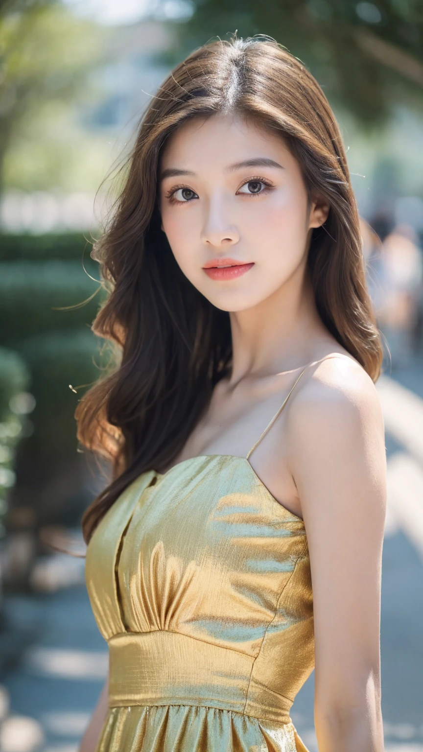 ((Best quality, 8K, masterpiece:1.3)),1girl,18 years old,Asian,Real texture:1.3,(Background blur:1.1),Gorgeous long dress,Tall and slender figure:1.2,(Hot summer weather),(street:1.3),Highly detailed face and skin textures,Exquisite eyes,Long eyelashes,Double eyelids,Skin Whitening,happy,Various postures