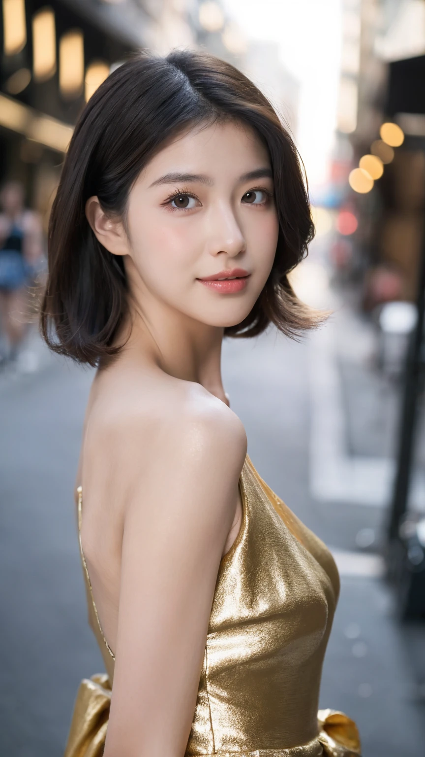 ((Best quality, 8K, masterpiece:1.3))，1girl，18 years old，Asian，Real texture:1.3，(Background blur:1.1)，Gorgeous long dress，Tall and slender figure:1.2，(Hot summer weather)，（street:1.3），Highly detailed face and skin textures，Exquisite eyes，Long eyelashes，Double eyelids，Skin Whitening，happy，Various postures