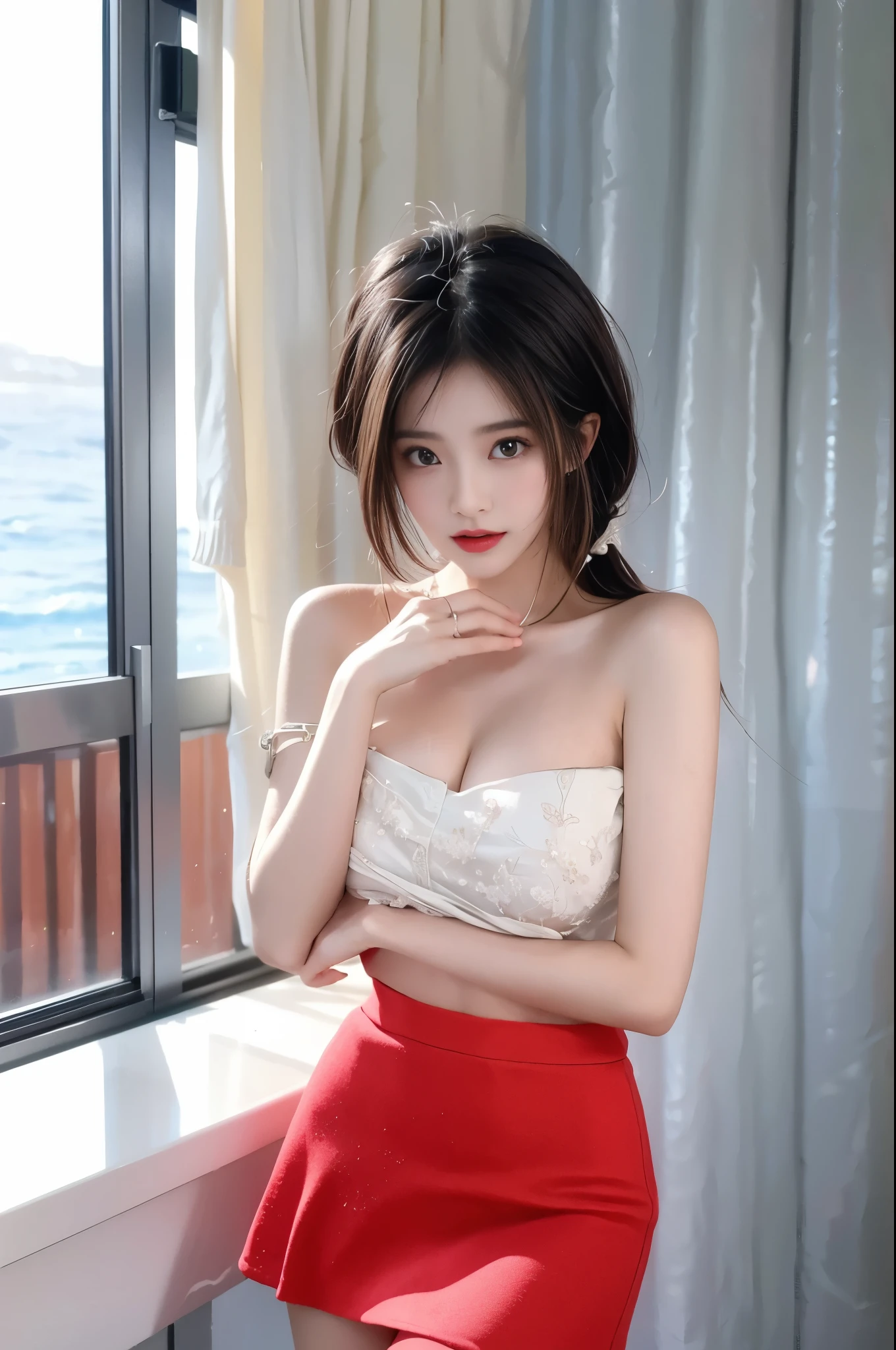 Beauty, beautiful女人，Have a perfect body：1.4，Layered Hairstyle，((Large Breasts)), ((D cup)), Visible cleavage，Bare shoulders, Highly detailed face and skin texture，Double eyelids，Skin Whitening，Long hair，Whitening long legs，Standing by the sea, Fashion Girl, Red lips, Sweet Girl, beautiful妆容, detail, lifelike, Very detailed, Astonishing, beautiful, Young and energetic, high quality，HD, Colorful，Beautifully, Smooth skin, The skirt is very short, Lifting the skirt with hands, Elegant and charming gesture, Official Art, Extremely detailed, Movie atmosphere, Soft colors, Natural skin texture,