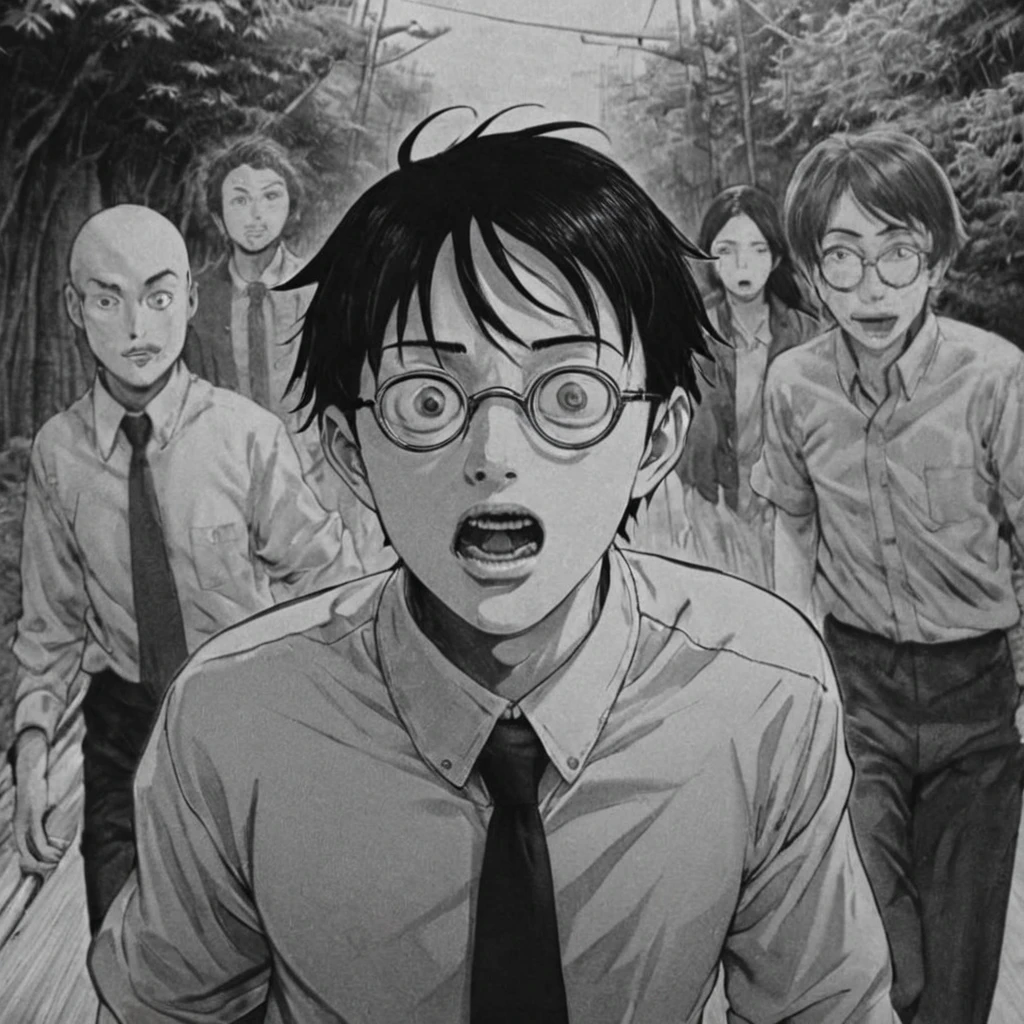 running very fast, (anime), bizarre scenario, Junji Ito, Yusuke Murata, black and white, 8k, anime, horror