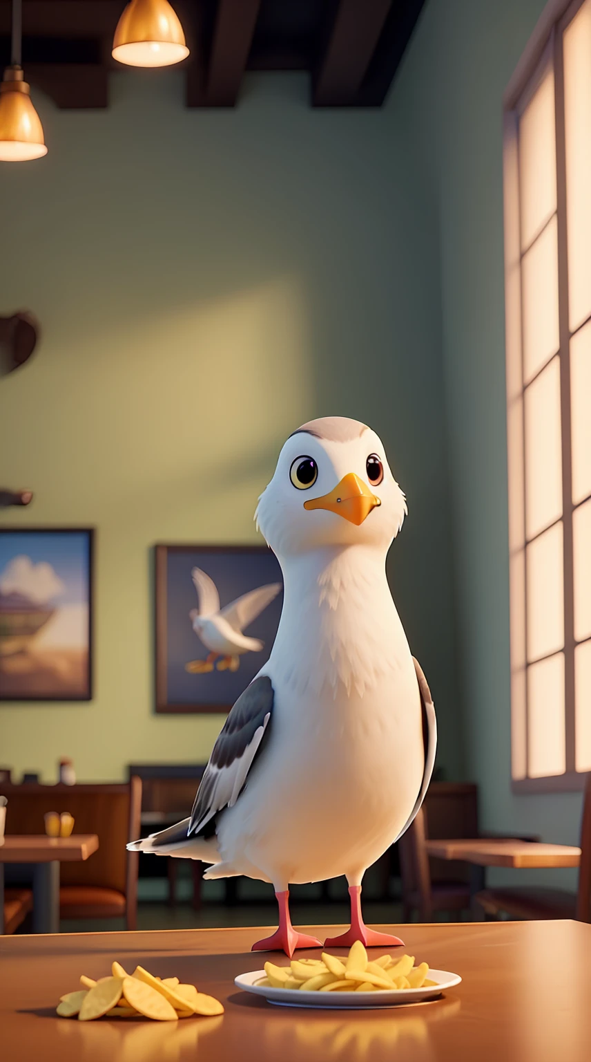 A seagull standing on a table, pecking at chips on a plate in a restaurant setting, bathed in natural light. The scene is highly detailed and vivid, with a focus on the intricate feathers and beak of the seagull, the texture of the chips, and the surrounding indoor environment. The image quality is top-notch, with an emphasis on ultra-detailed realism and sharp focus. The medium is a hyper-realistic painting, capturing the essence of the moment with studio lighting enhancing the overall composition. Colors are vibrant and the lighting accentuates the scene.