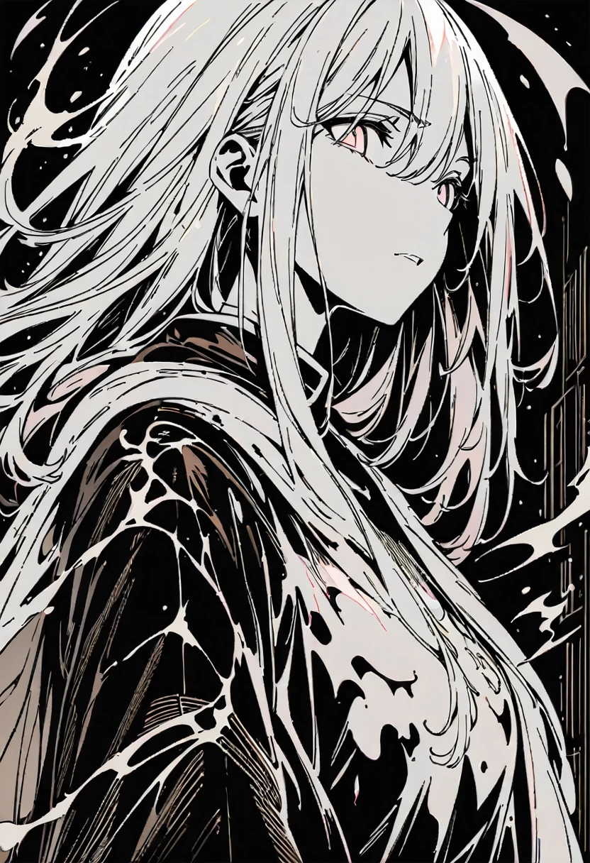(best quality,highres,masterpiece:1.2),witch,ultra-detailed,Anime line art:1.1,black and white,line art,manga style,death god,beautiful detailed face,expressive eyes,sharp contrast,flowing robe,mysterious atmosphere,dark background