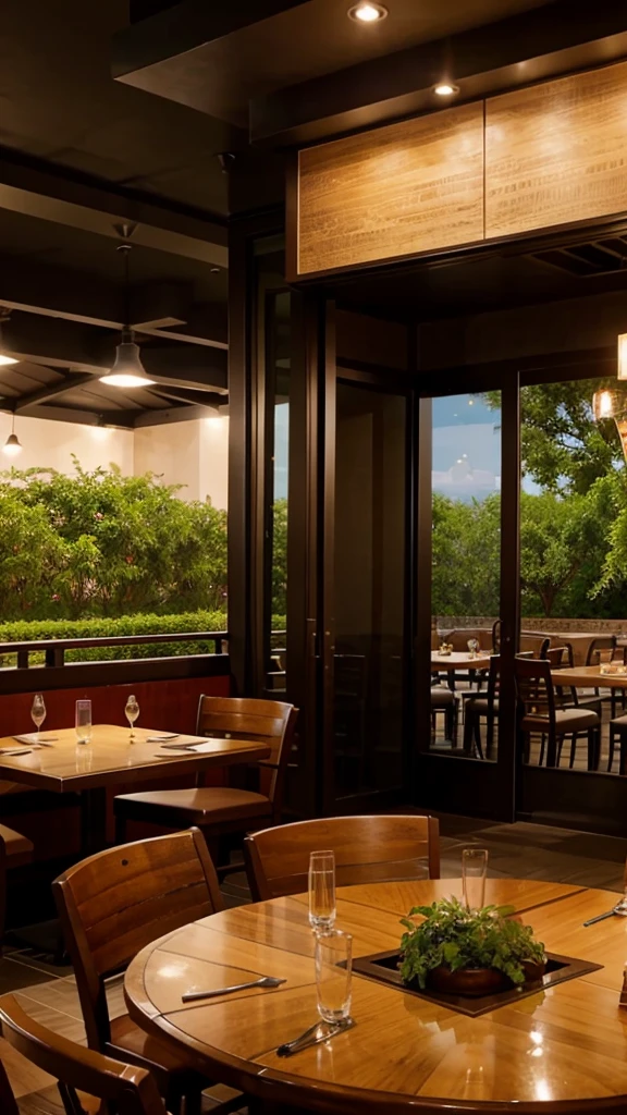 a beautiful resturant outside view , decorated , designed , realistic ,