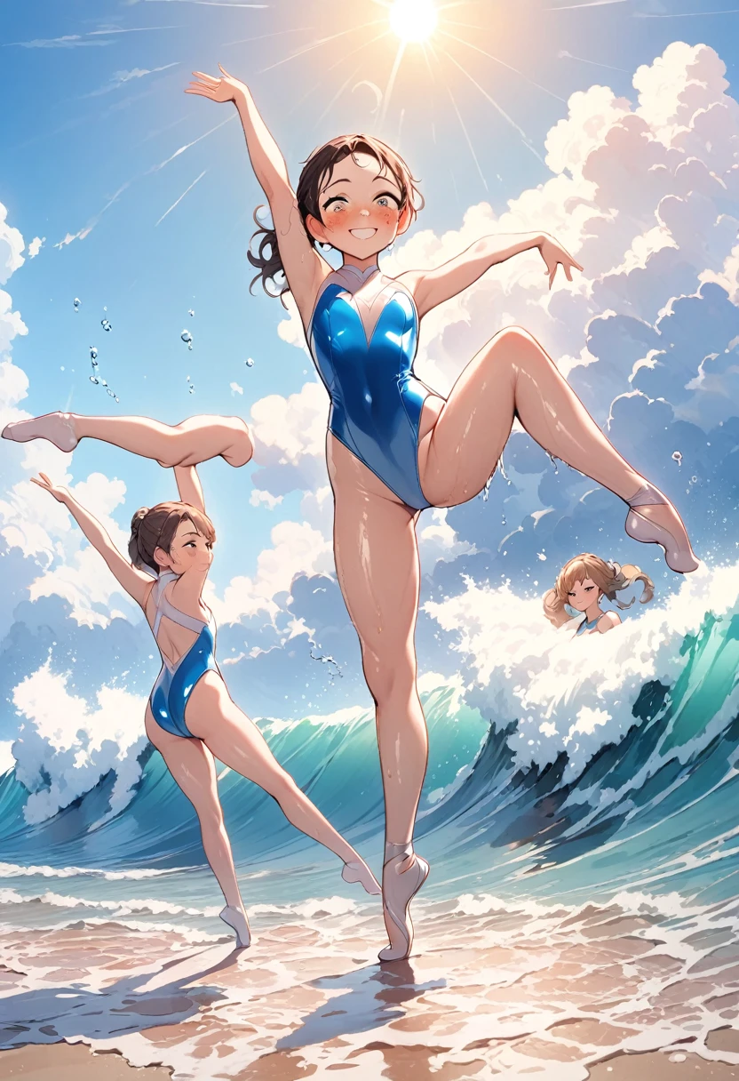 &References;((Highest quality)), ((masterpiece)), Highest quality), (((3flexible girls))), Gymnast, smile, smile, Ocean, freckles, blush, Staring at the audience, cloud, splash, Wave, sun, Wet , (((Shiny leotard))), ((flexible))