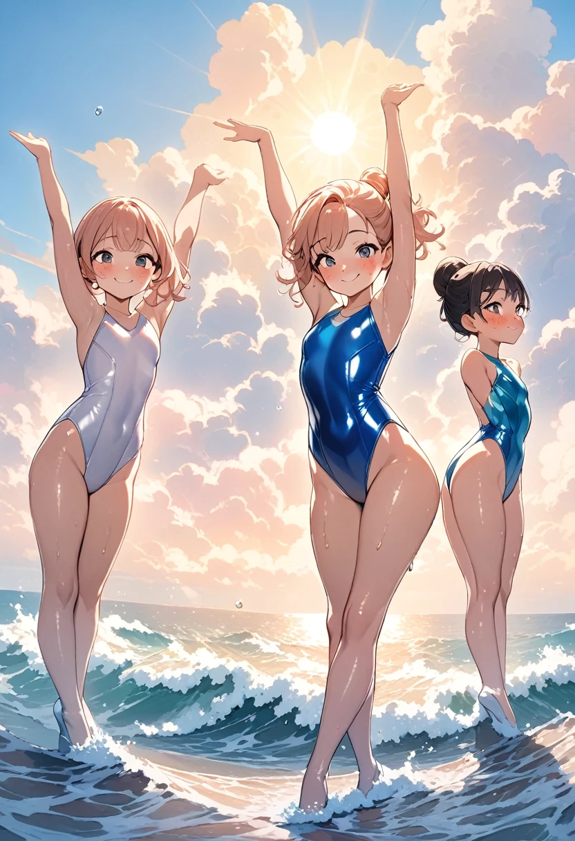 &References;((Highest quality)), ((masterpiece)), Highest quality), (((3flexible girls))), Gymnast, smile, smile, Ocean, freckles, blush, Staring at the audience, cloud, splash, Wave, sun, Wet , (((Shiny leotard))), ((flexible))