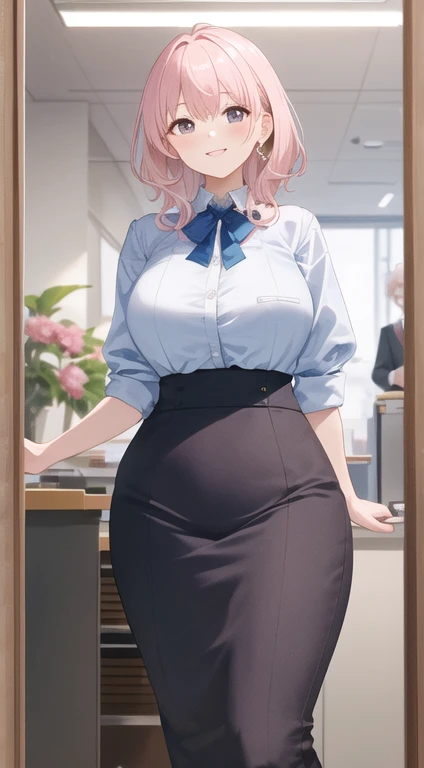 ((masterpiece, best)),(1girl),((mature woman)), light pink hair, dizzy, trumpet, ((office lady)), bangs, mid-chest, (full), slim, smiling, [wide hips] ,office,standing, aru \(blue archive\),