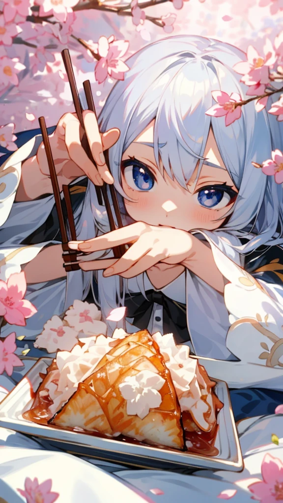 (Highest quality,masterpiece,Surreal),Silver Hair、blue eyes、Lying on the futon、Eat katsudon、looks delicious、Holding chopsticks in your right hand、Beautiful and delicate girl portrait,Playful and cute,Background Petals fluttering,