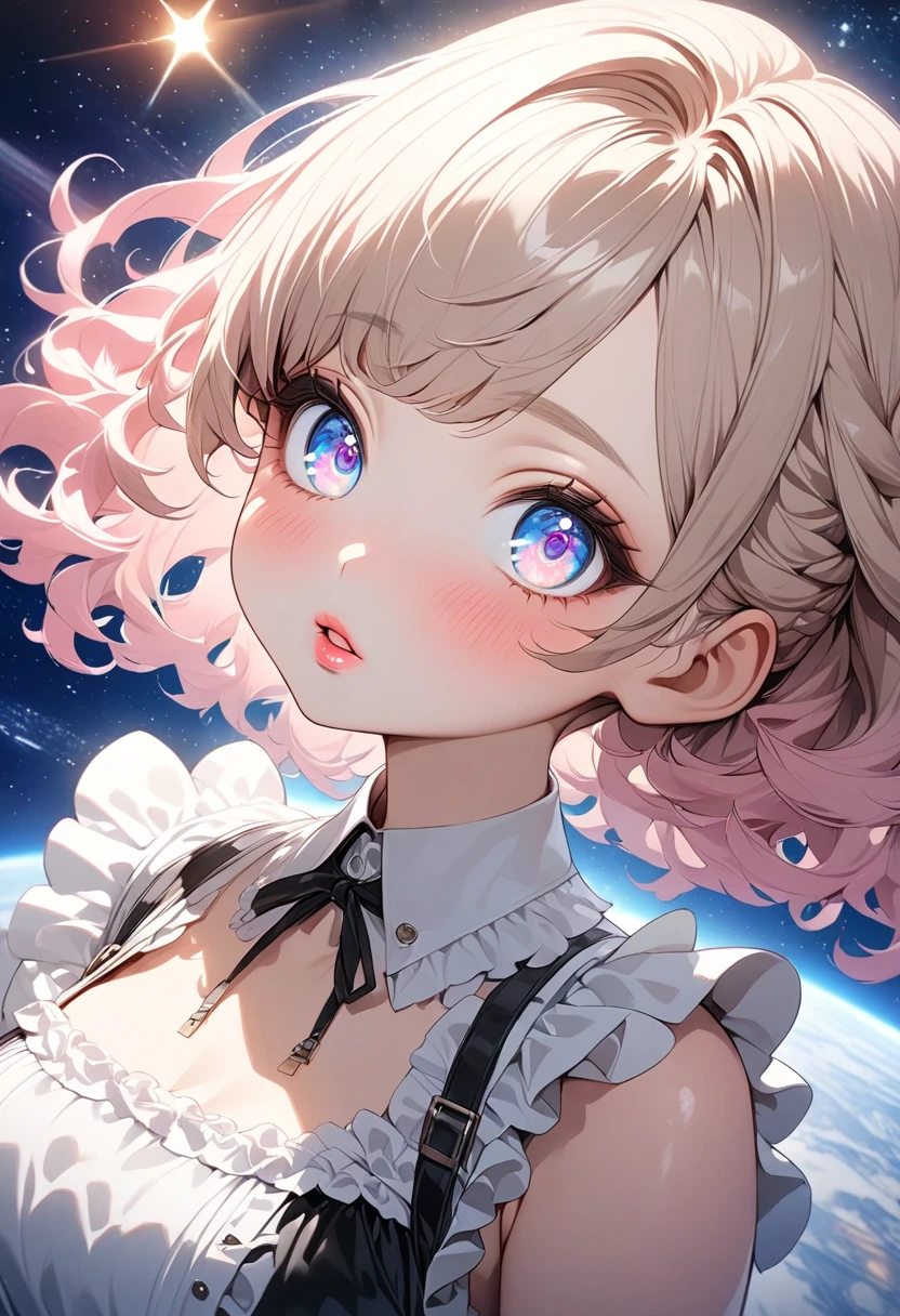 masterpiece, Highest quality, masterpiece, God-like quality, Godly art, Highly detailed face, whole body, Very realistic, cute, Young girl, Big eyes, Long eyelashes, Multicolored Hair, Variegated eyes, Shiny skin, Fuller lips, Big Lips, Shiny skin, Blushing, Nice views, In space, Starry sky background, performer, Dazzling Light, Versatile light, Maid clothes