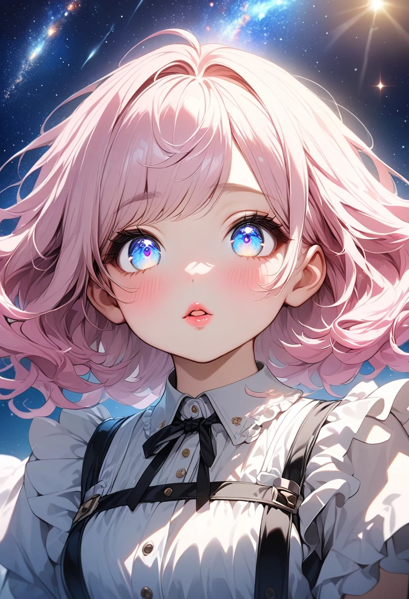 masterpiece, Highest quality, masterpiece, God-like quality, Godly art, Highly detailed face, whole body, Very realistic, cute, Young girl, Big eyes, Long eyelashes, Multicolored Hair, Variegated eyes, Shiny skin, Fuller lips, Big Lips, Shiny skin, Blushing, Nice views, In space, Starry sky background, performer, Dazzling Light, Versatile light, Maid clothes