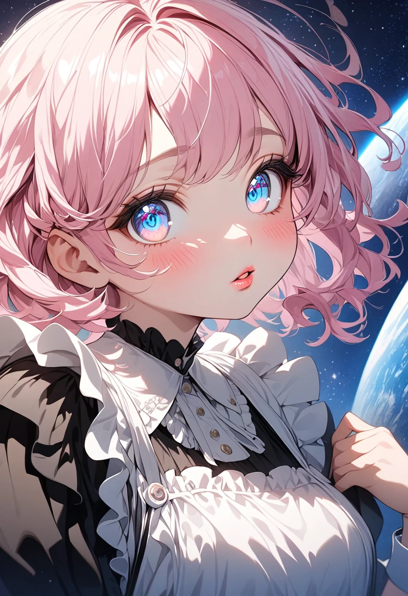 masterpiece, Highest quality, masterpiece, God-like quality, Godly art, Highly detailed face, whole body, Very realistic, cute, Young girl, Big eyes, Long eyelashes, Multicolored Hair, Variegated eyes, Shiny skin, Fuller lips, Big Lips, Shiny skin, Blushing, Nice views, In space, Starry sky background, performer, Dazzling Light, Versatile light, Maid clothes