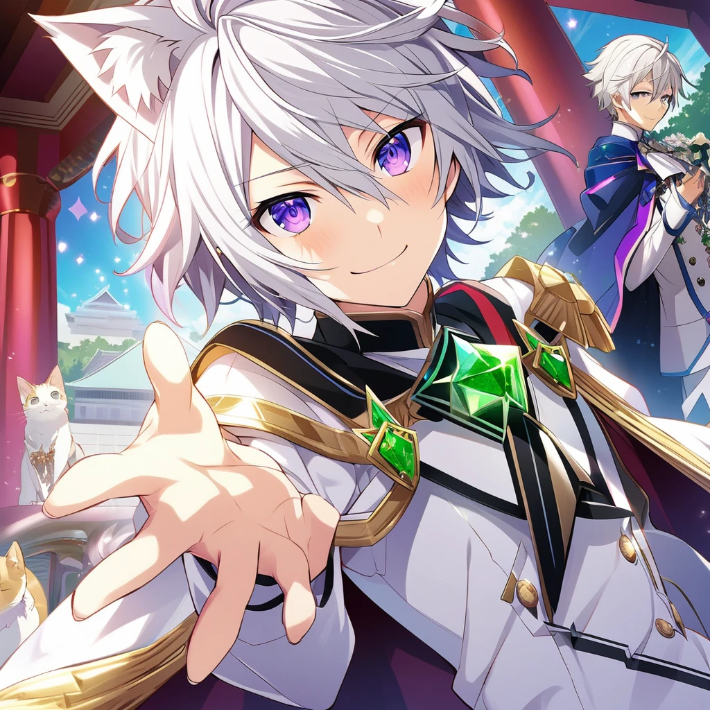 Hyakuya Yuuichiro \(AKB0048 Next Stage\), (short hair), (silvery white hair), (bejeweled eyes), (purple eyes), (cat ears):1.2, white costume, smiling mischievously, cape, ((ultra-detailed)), ((illustration)), (neat hair)), (beautiful detailed eyes), male, 1boy, ((imperial palace)), looking at viewer
