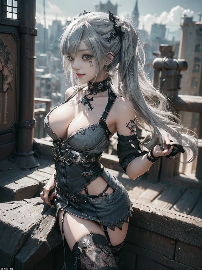 (Smiling with teeth showing:1.3),(Shibuya Gal:1.5)、(Gothic ta style fashion:1.5)、(Punk RockVisual Kei:1.4)、(Brown color denim and black medieval royal mini skirt dress:1.5)、(Brown denim and black medieval arm covers and bustier:1.5)、(Brown high heels:1.3)、(Wearing silver accessories:1.5)、(Brown lace collar:1.4)、(Black Leather Garter Belt:1.4)、(Brown Skin Belt:1.3)、(Black lace underwear:1.5)、20-year-old、NSFW、((Highest quality、In 8K、masterpiece:1.3))、Sharp focus:1.2、(Layered Cut、Huge boobs:1.1),Beautiful woman with perfect figure:1.4、(Dancing vigorously:1.3)、Slender Abs:1.2、Highly detailed face and skin texture、Detailed eyes、double eyelid,(Twin tails:1.3)、(Light silver colored hair:1.3)、Gravure idol、(The Caribbean cityscape in the background:1.3)、(Slim body:1.2),(Make your legs thinner:1.4),(clavicle:1.1)