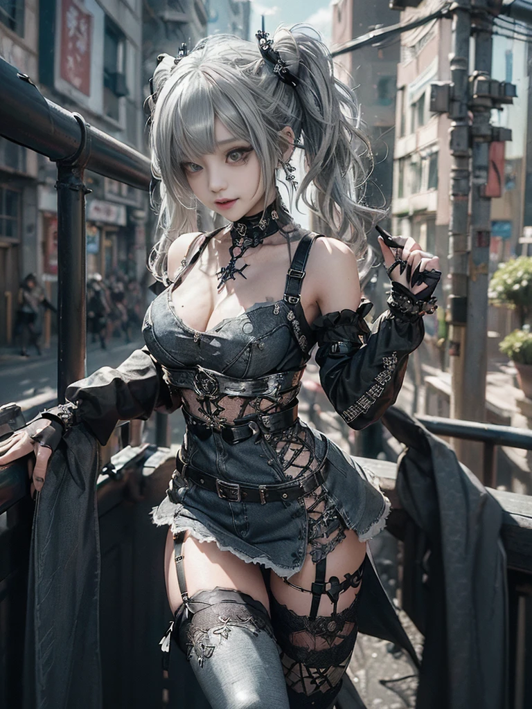 (Smiling with teeth showing:1.3),(Shibuya Gal:1.5)、(Gothic ta style fashion:1.5)、(Punk RockVisual Kei:1.4)、(Brown color denim and black medieval royal mini skirt dress:1.5)、(Brown denim and black medieval arm covers and bustier:1.5)、(Brown high heels:1.3)、(Wearing silver accessories:1.5)、(Brown lace collar:1.4)、(Black Leather Garter Belt:1.4)、(Brown Skin Belt:1.3)、(Black lace underwear:1.5)、20-year-old、NSFW、((Highest quality、In 8K、masterpiece:1.3))、Sharp focus:1.2、(Layered Cut、Huge boobs:1.1),Beautiful woman with perfect figure:1.4、(Dancing vigorously:1.3)、Slender Abs:1.2、Highly detailed face and skin texture、Detailed eyes、double eyelid,(Twin tails:1.3)、(Light silver colored hair:1.3)、Gravure idol、(The Caribbean cityscape in the background:1.3)、(Slim body:1.2),(Make your legs thinner:1.4),(clavicle:1.1)
